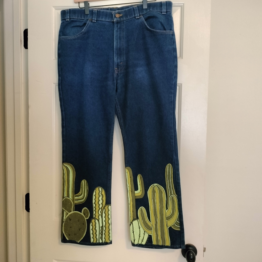 Levi's Men's Straight Jeans with Green Cactus painted Appliqué